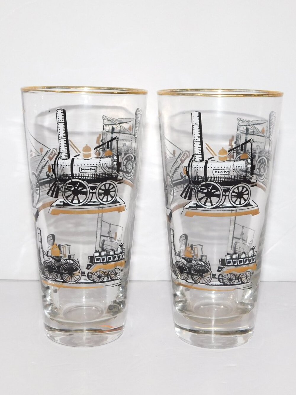 2 VTG Libby Train locomotive Steam Engine Gold Black Drinking Glasses Tumbler